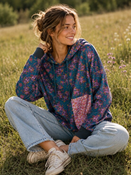 NATURAL LIFE Sweaters - Natural Life NWT Teal Floral Oversized Hoodie Boho Patchwork Pocket Sweatshirt
